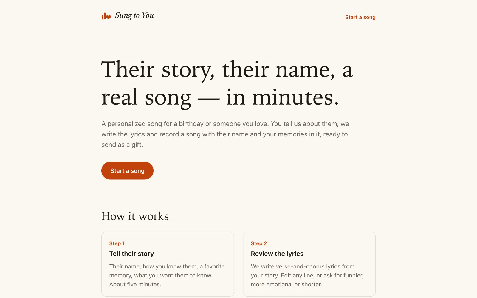 Sung to You homepage: Their story, their name, a real song — in minutes